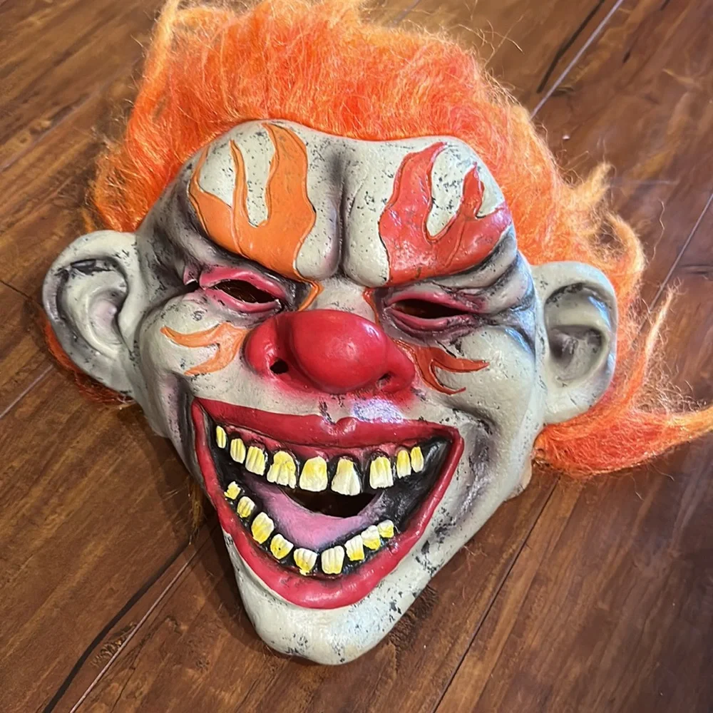 Evil Clown Latex Mask Orange Flame Hair Adult Halloween Horror